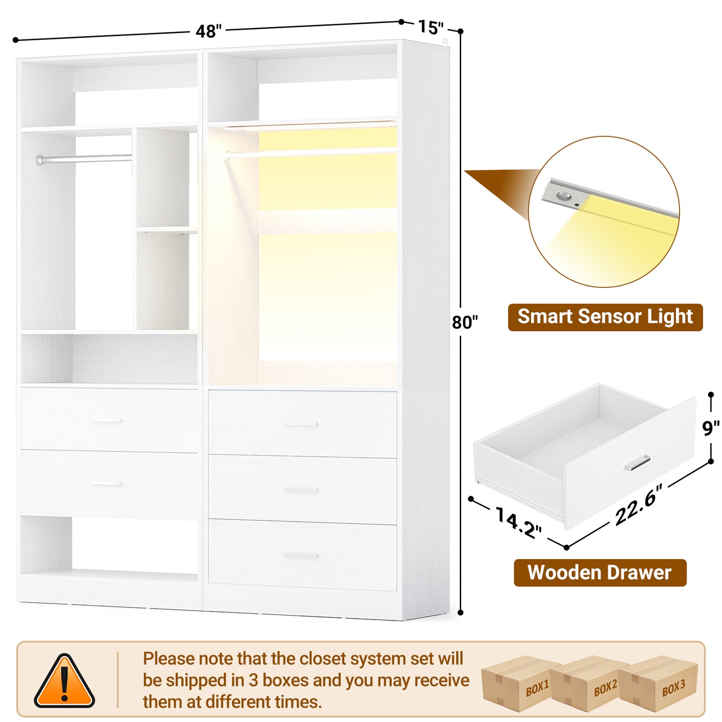 4FT Closet Systems with 3CCT Sensor Light & 5 Wood Drawers