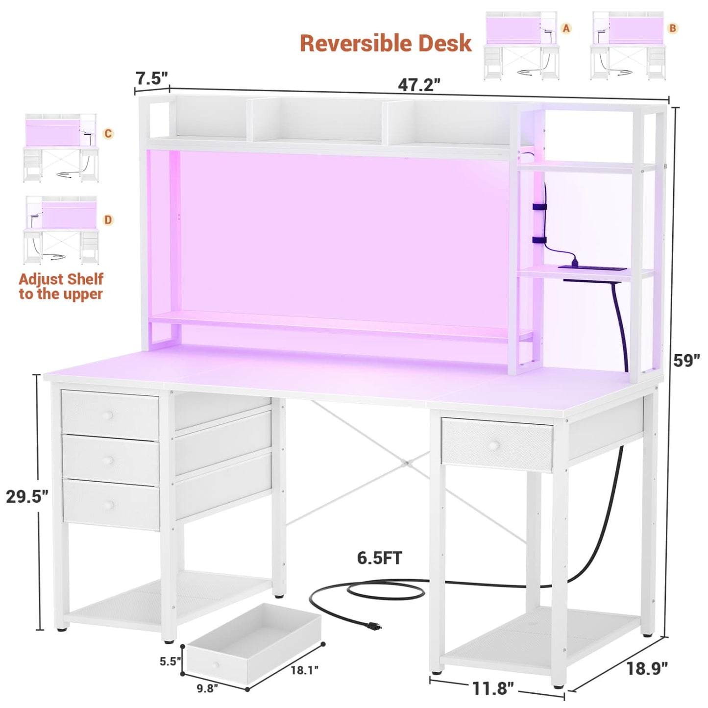 Computer Desk with LED Light, Power Outlet, Farbric Drawers