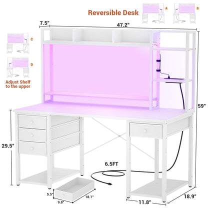 Computer Desk with LED Light, Power Outlet, Farbric Drawers
