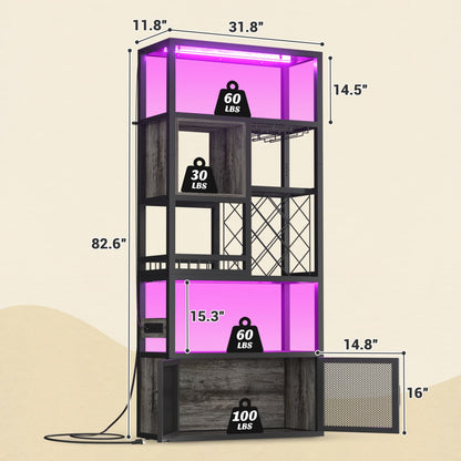 82.6" Tall Wine Bar Cabinet with LED Light and Outlets
