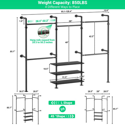 84"-128" Metal Pipe Clothing Rack Wall Mounted , Garment Rack