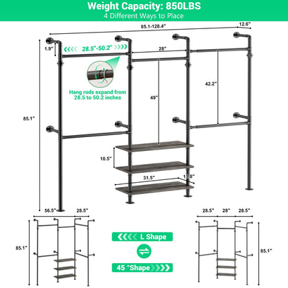 84"-128" Metal Pipe Clothing Rack Wall Mounted , Garment Rack