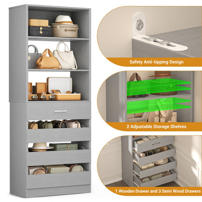 Closet System with 4 Wood Drawers and Adjustable Shelves