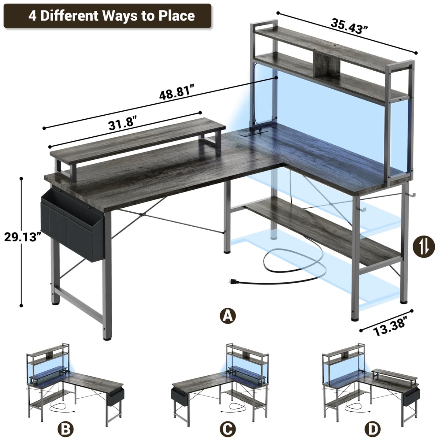 L-Shaped Computer Desk with Monitor and Hutch, Gaming Desk with Charging Station