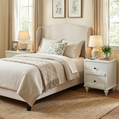 Wooden Nightstand with Charging Station, Storage Dresser with 2 Drawers