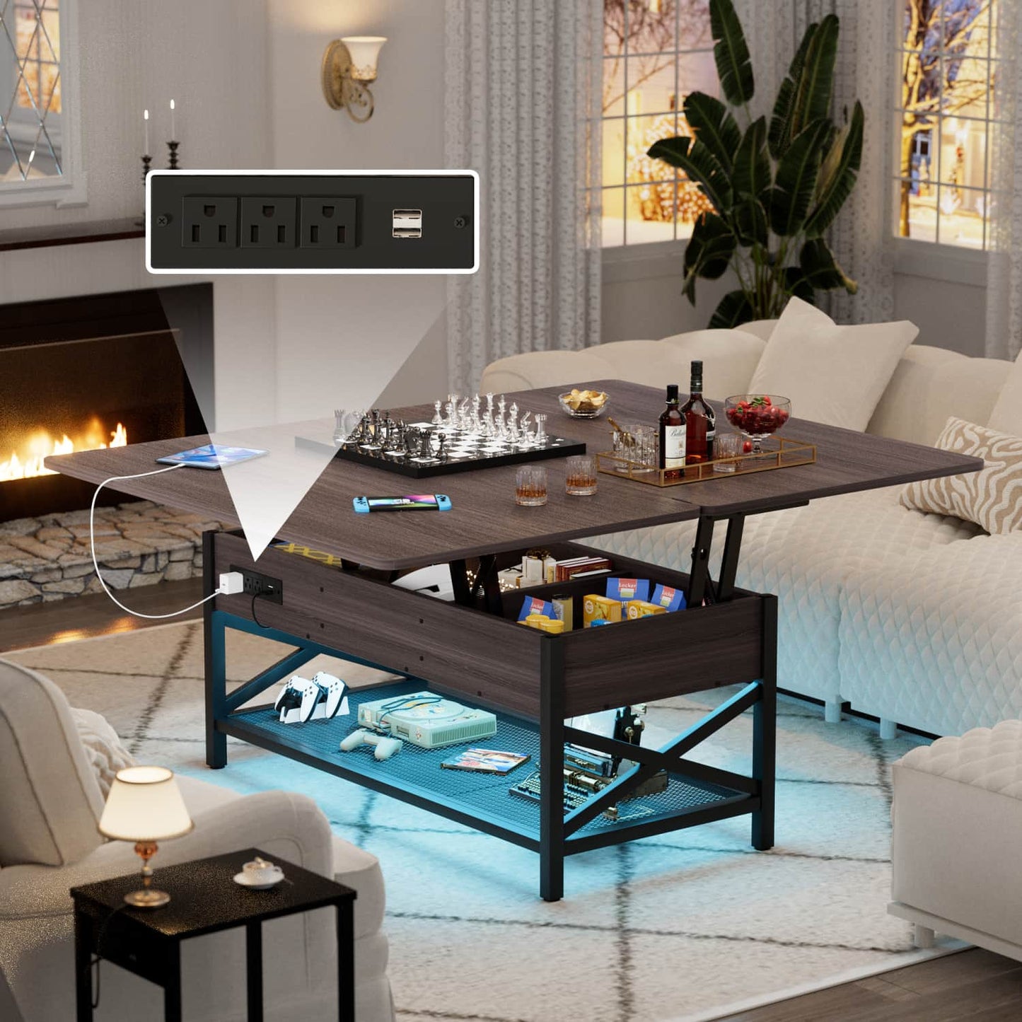 Coffee Table Lift Top with LED Light and Power Outlet