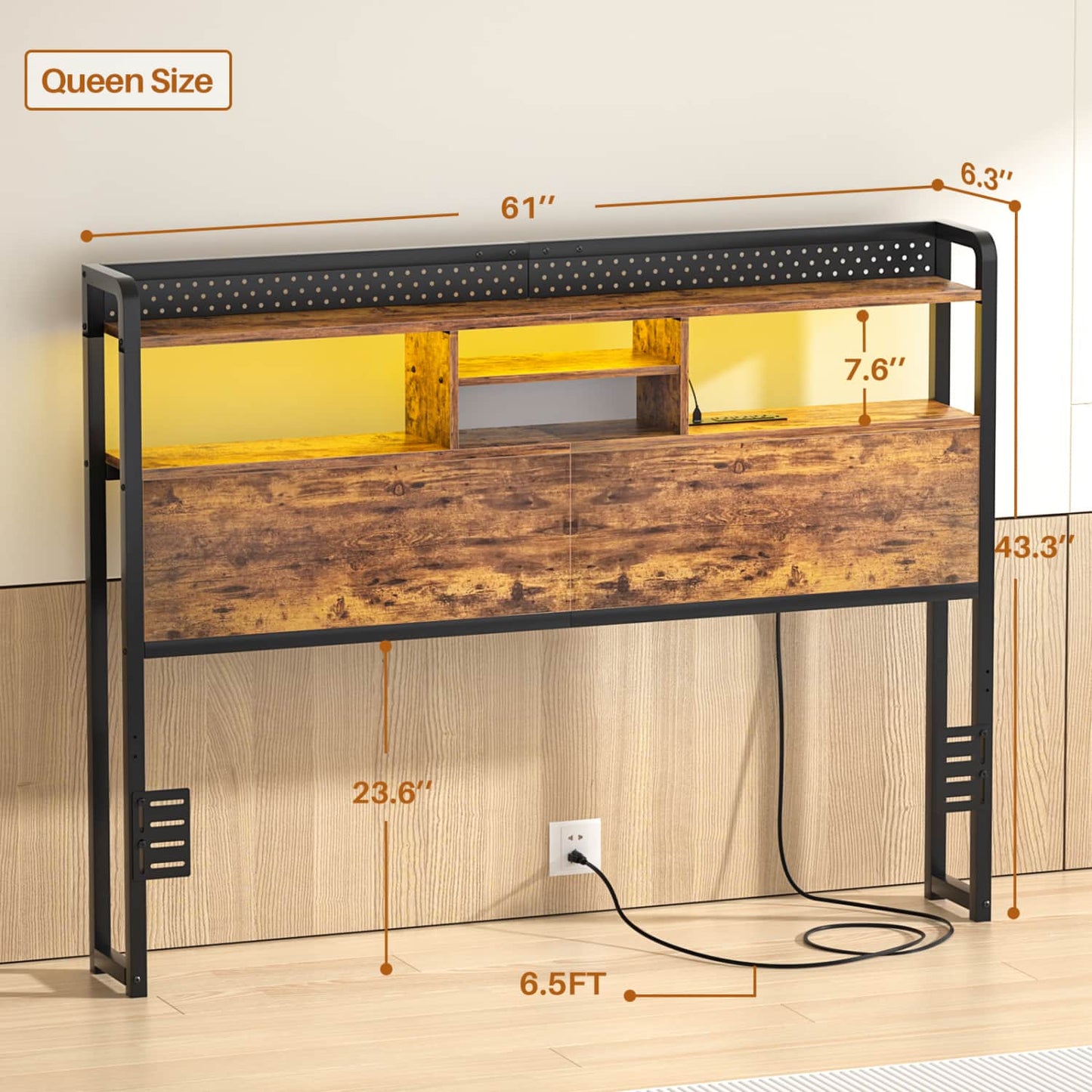 Queen Storage Headboard with Led Lights & Charging Station