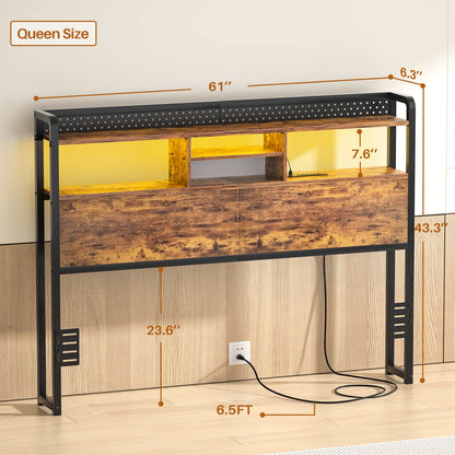Queen Storage Headboard with Led Lights & Charging Station