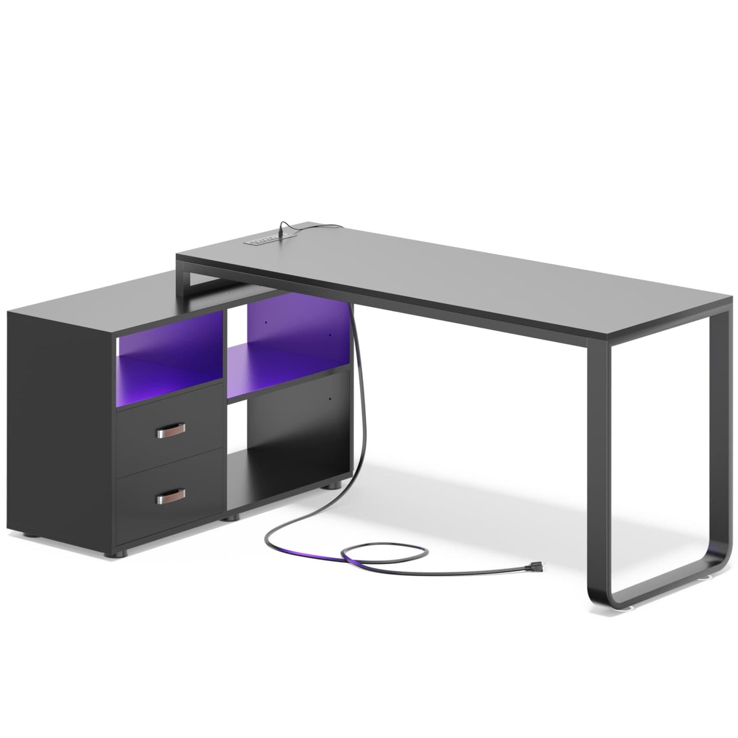 62" L Shaped Computer Desk with File Drawer, LED Lights