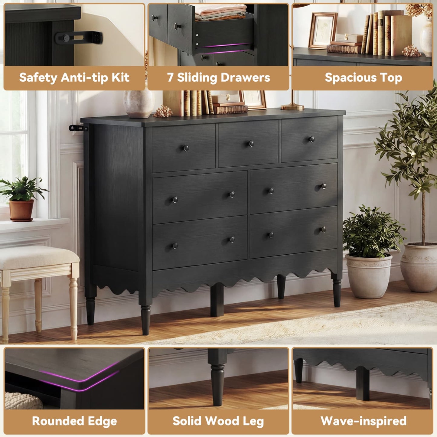 47" Closet Storage Cabinet with 7 Drawers, Wooden Dresser with Support Leg