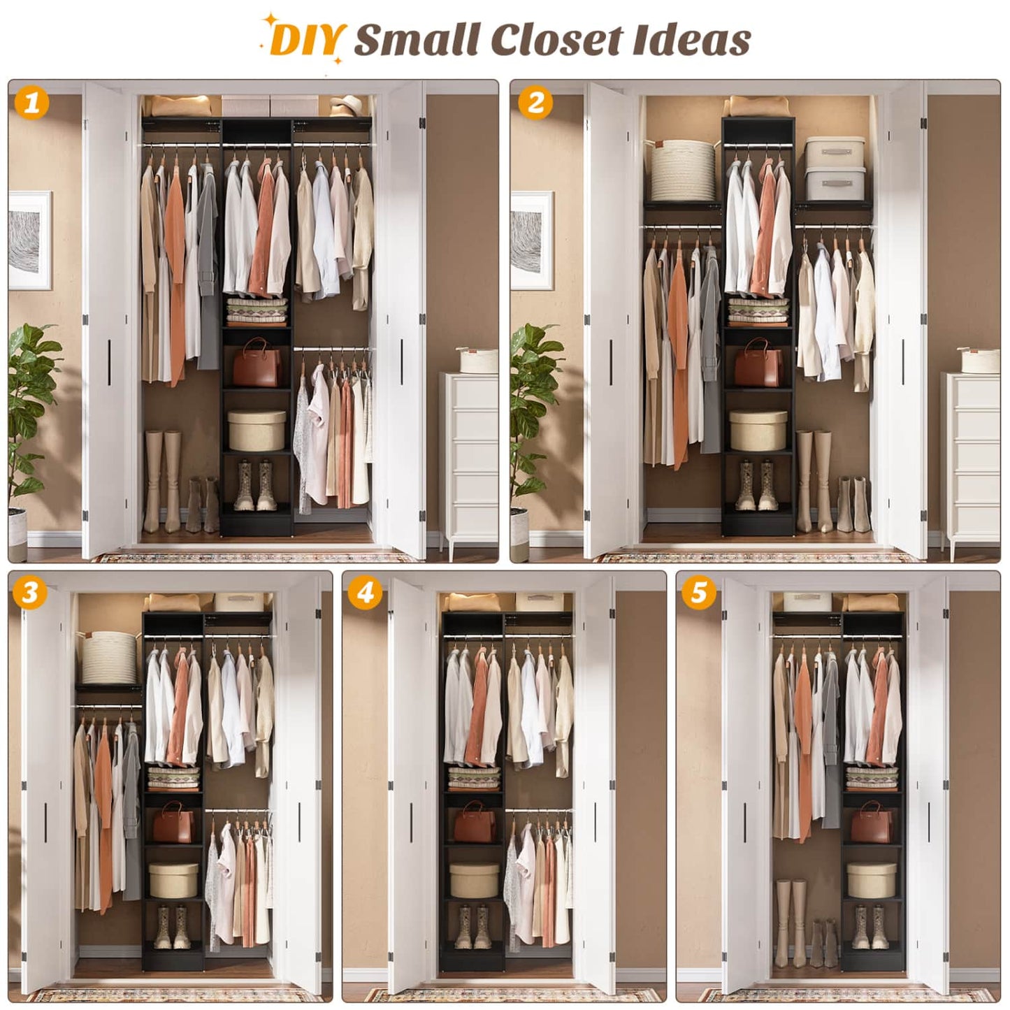 47'' W Closet System with Hanging Rods and Shelves, Closet Organizer for Bedroom