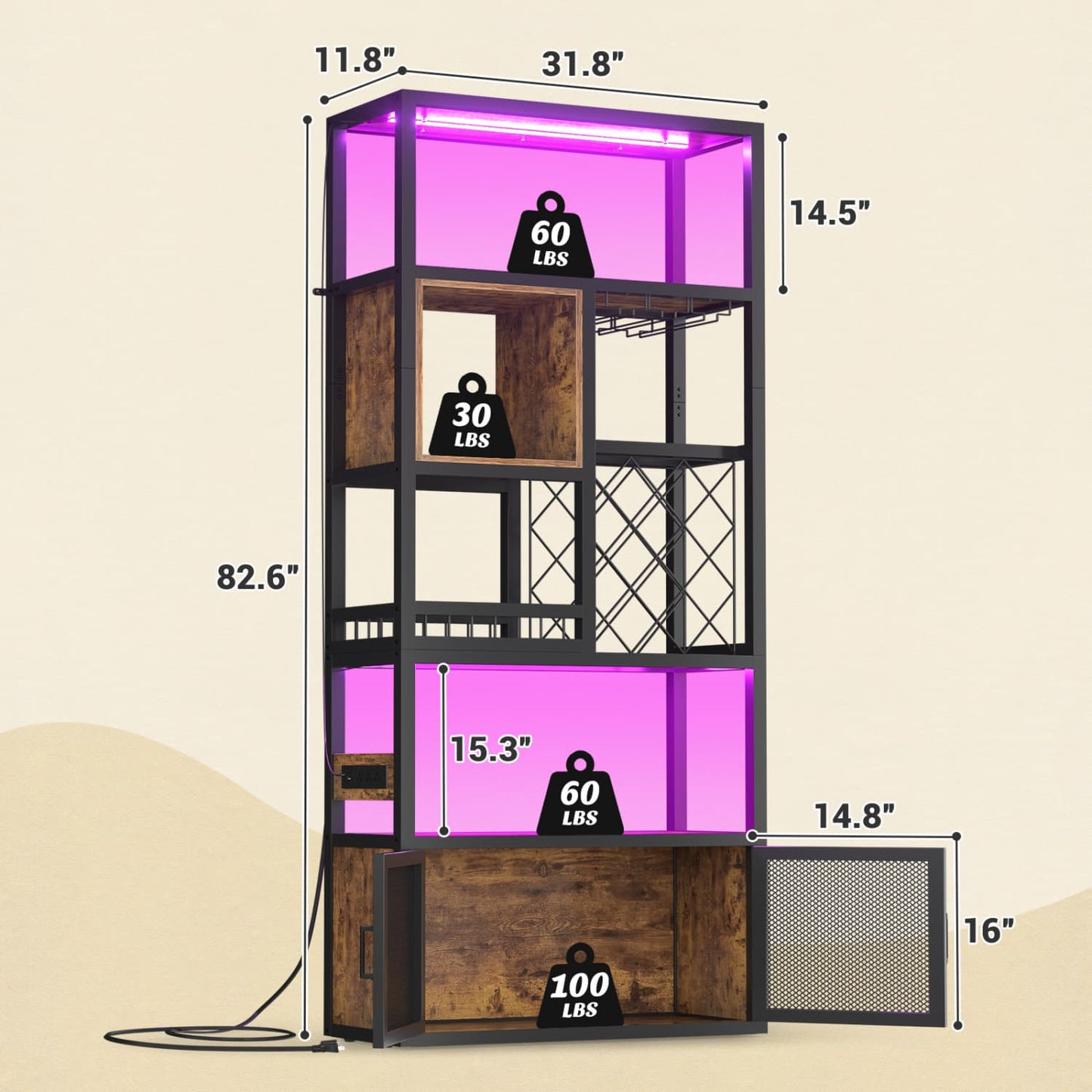 82.6" Tall Wine Bar Cabinet with LED Light and Outlets