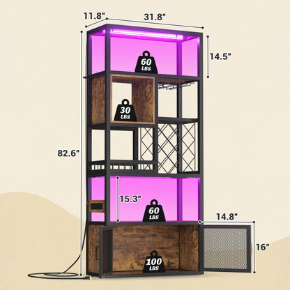 82.6" Tall Wine Bar Cabinet with LED Light and Outlets
