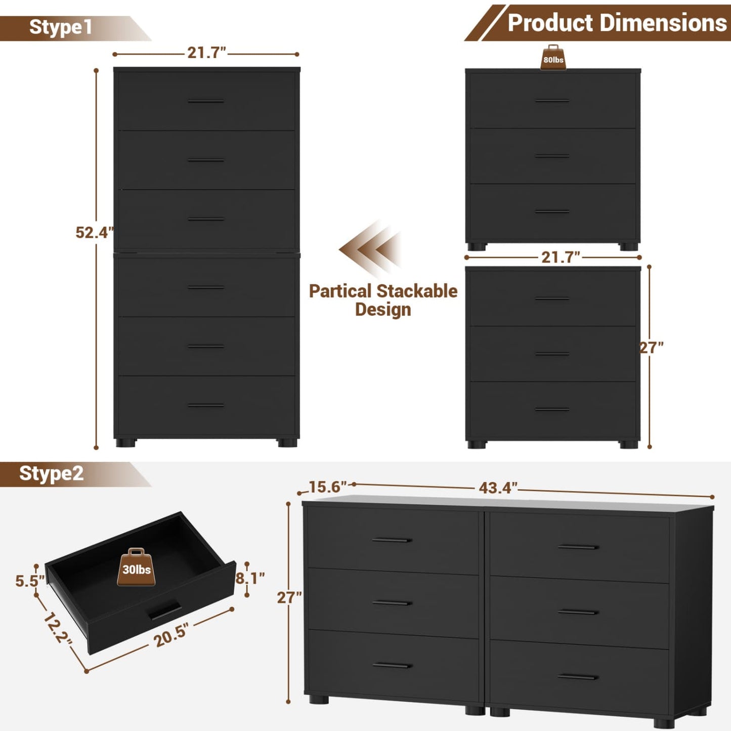 Set of 2 Wooden 6-Drawers Dressers with Storage, Closet Storage Cabinet and Nightstand