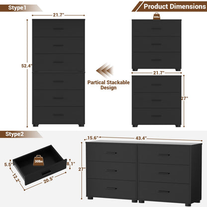 Set of 2 Wooden 6-Drawers Dressers with Storage, Closet Storage Cabinet and Nightstand