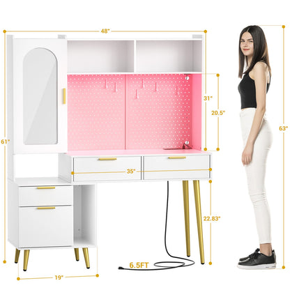 Makeup Vanity with Hutch, LED Lighted Mirror & Charging Station