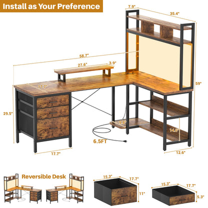 L Shaped Computer Desk with Hutch, Power Outlets, LED Lights & Storage Drawers
