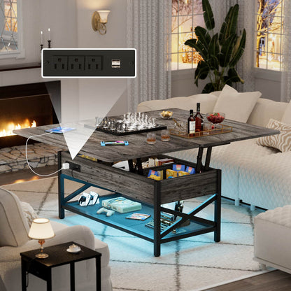 Coffee Table Lift Top with LED Light and Power Outlet