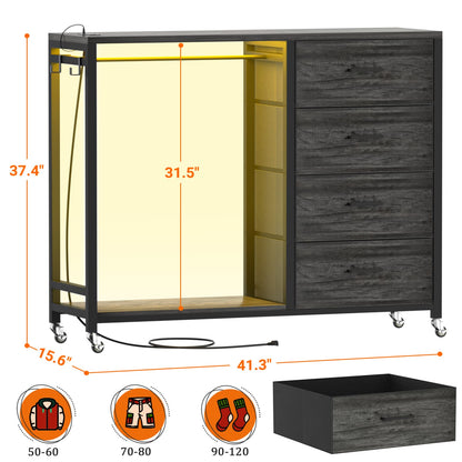 Dressers with Clothes Rack, Charging Station and Led Light, 4 Drawers Dresser for Bedroom