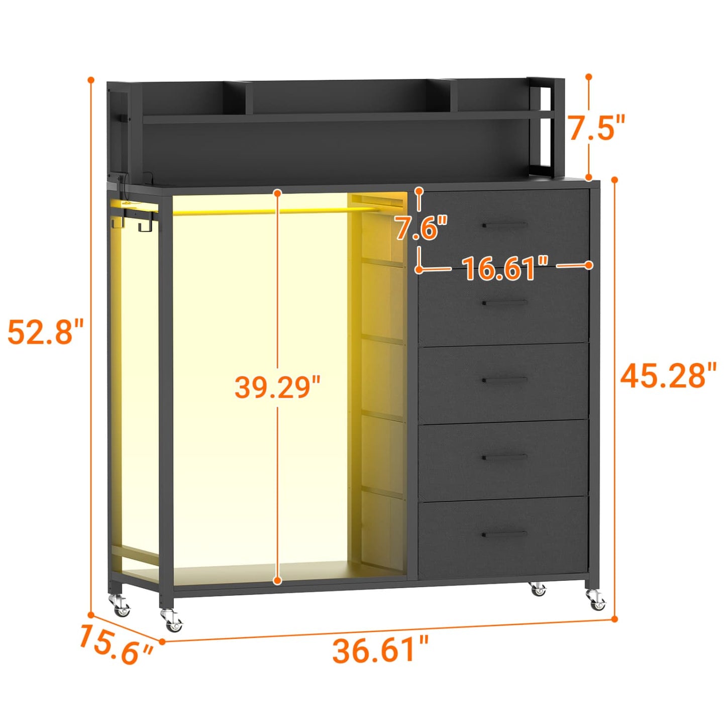 Dresser for Bedroom with Clothes Rack & Shelves, 5 Drawers Dresser with Charging Station