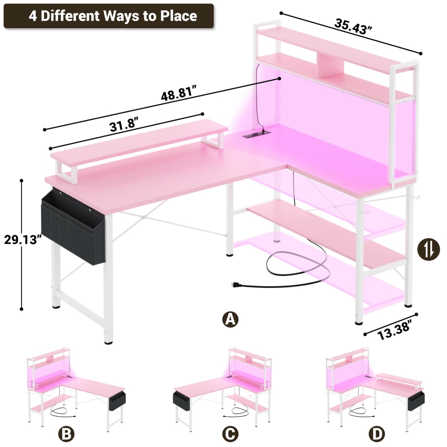 L-Shaped Computer Desk with Monitor and Hutch, Gaming Desk with Charging Station