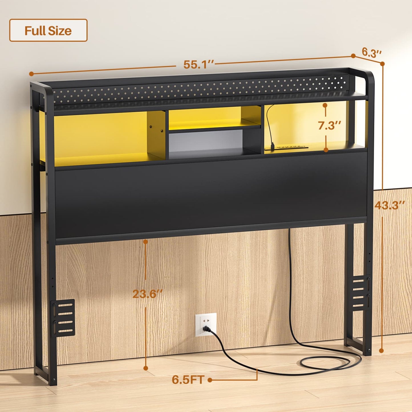 Full Storage Headboard with Led Lights & Charging Station