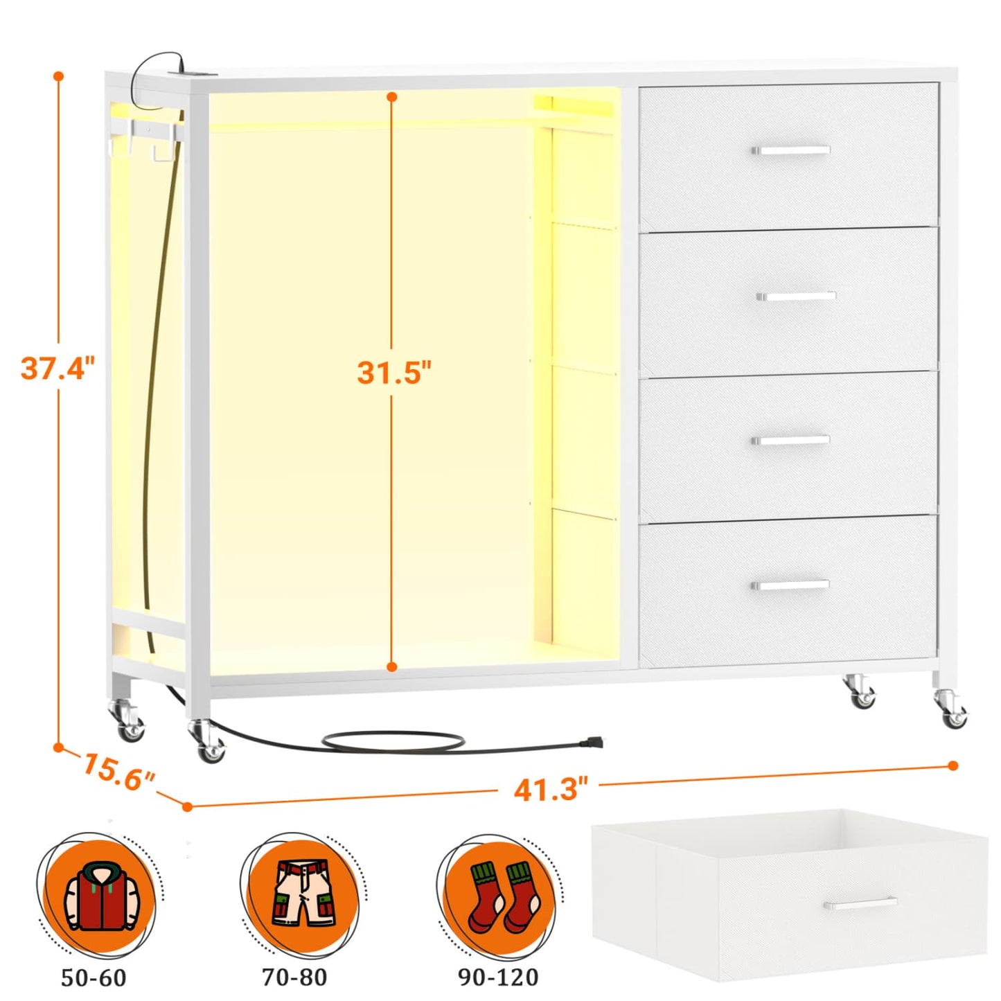 Dressers with Clothes Rack, Charging Station and Led Light, 4 Drawers Dresser for Bedroom
