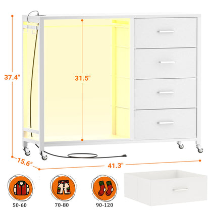 Dressers with Clothes Rack, Charging Station and Led Light, 4 Drawers Dresser for Bedroom