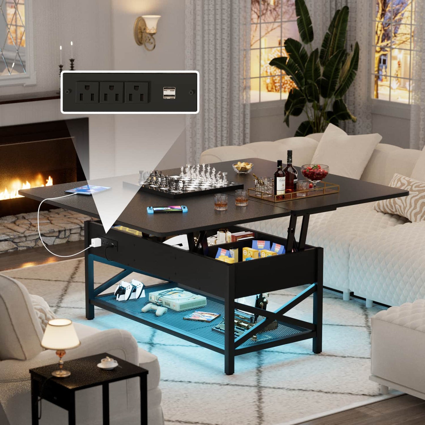 Coffee Table Lift Top with LED Light and Power Outlet