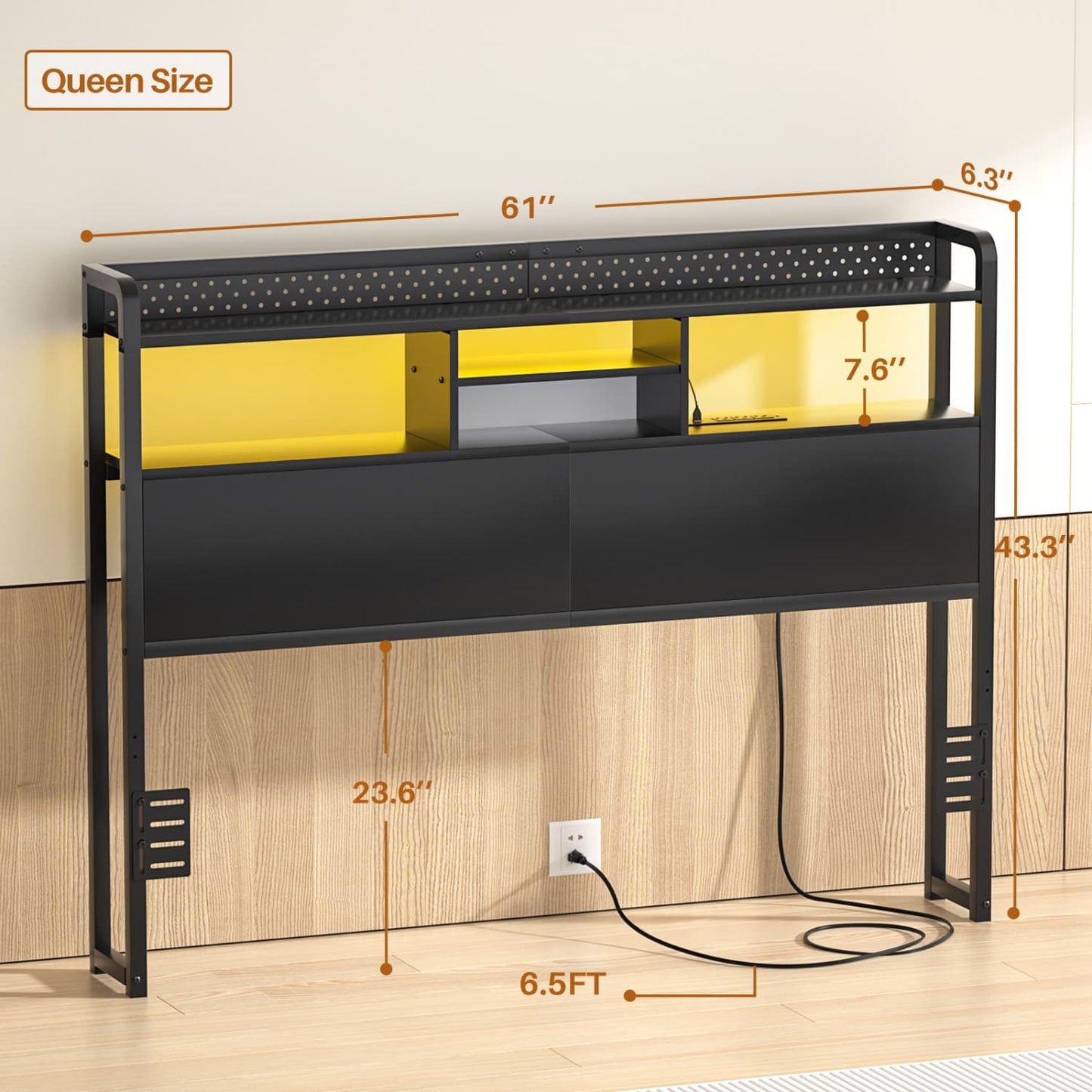 Queen Storage Headboard with Led Lights & Charging Station