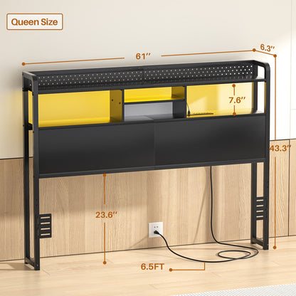 Queen Storage Headboard with Led Lights & Charging Station