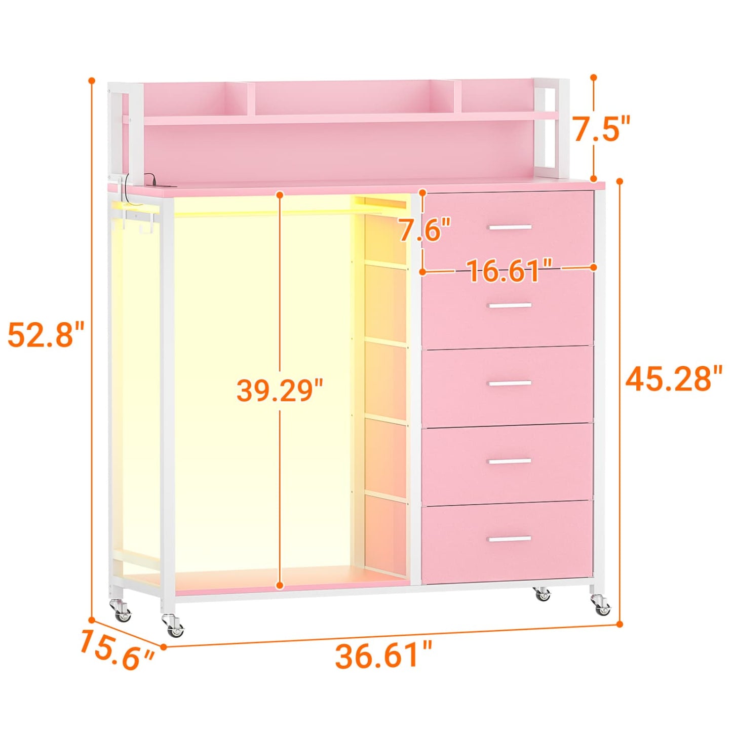 Dresser for Bedroom with Clothes Rack & Shelves, 5 Drawers Dresser with Charging Station