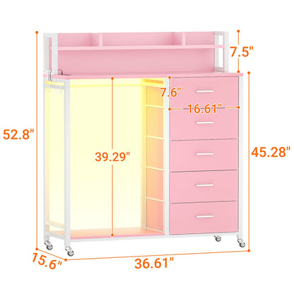 Dresser for Bedroom with Clothes Rack & Shelves, 5 Drawers Dresser with Charging Station