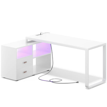 62" L Shaped Computer Desk with File Drawer, LED Lights