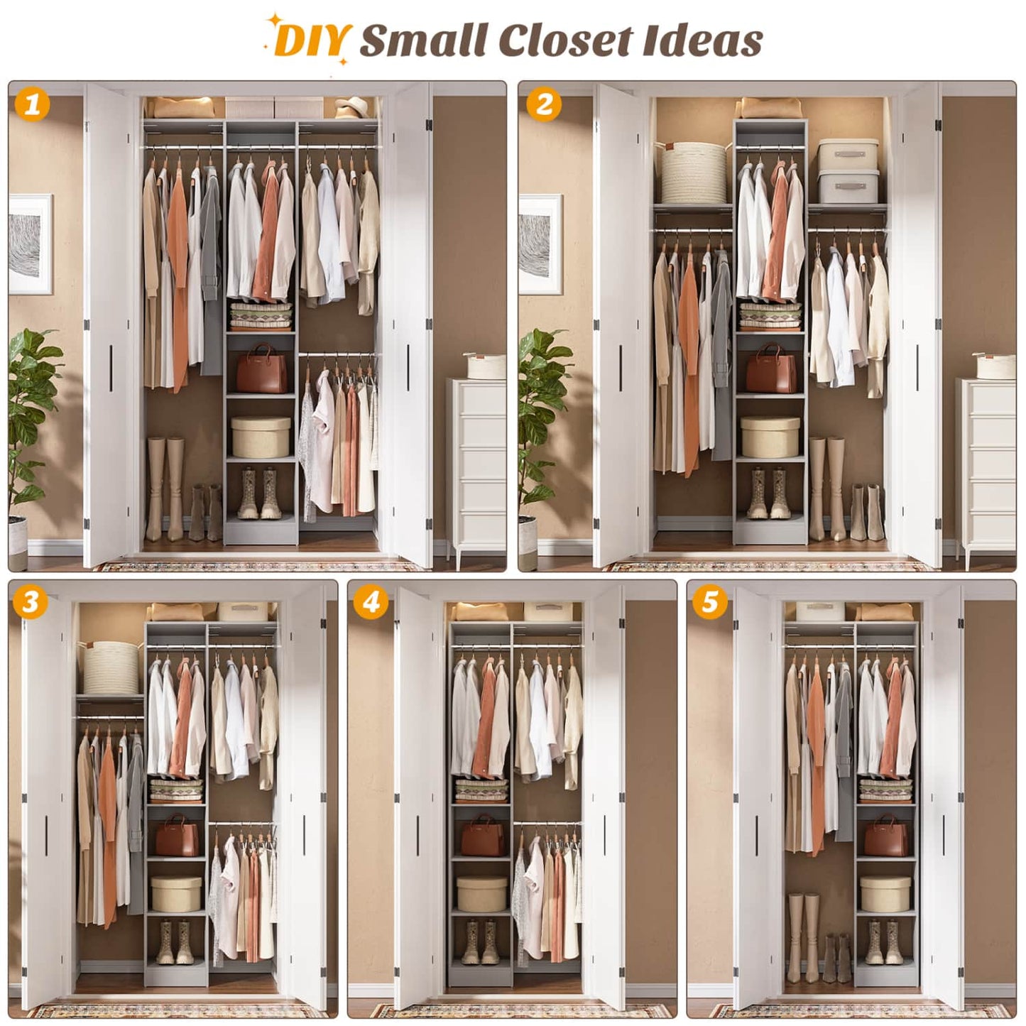 47'' W Closet System with Hanging Rods and Shelves, Closet Organizer for Bedroom