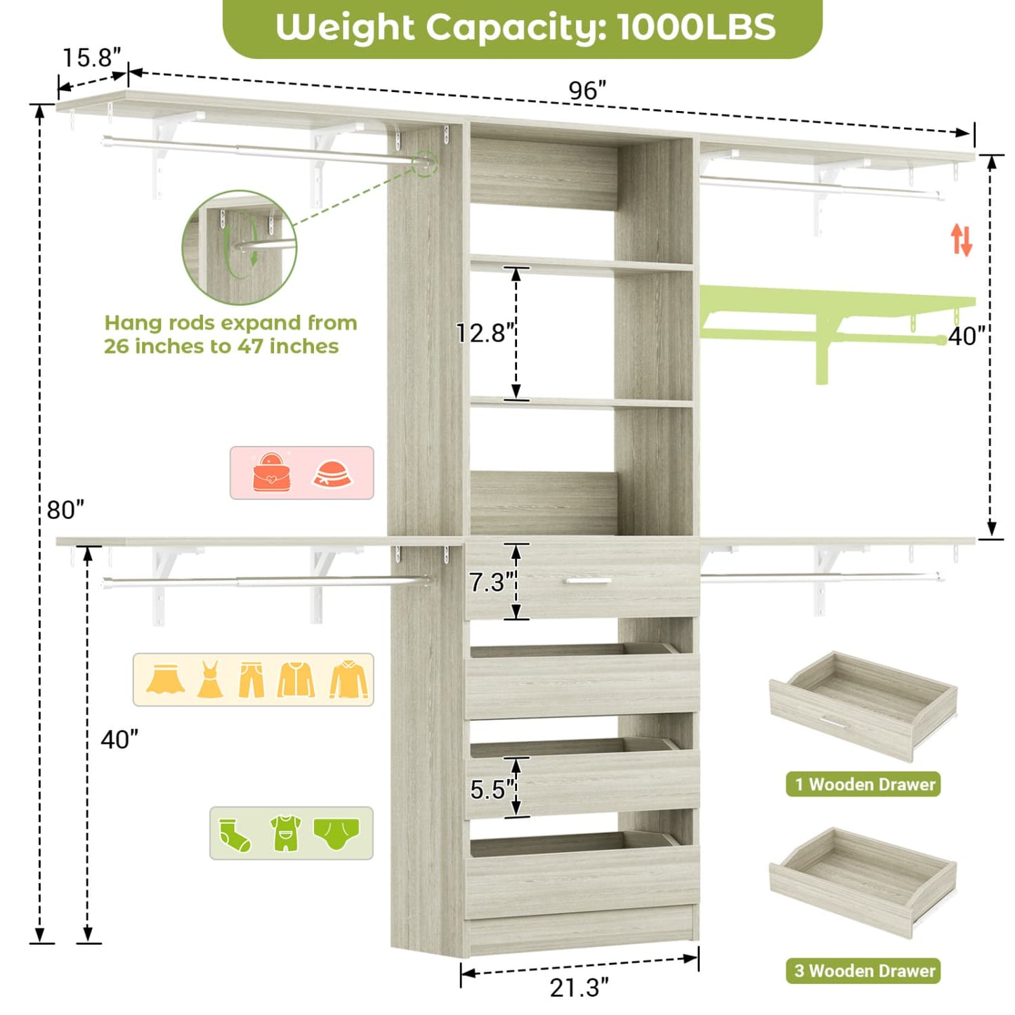 8FT Closet Organizer System with 4 Wooden Drawers & Hanging Rods