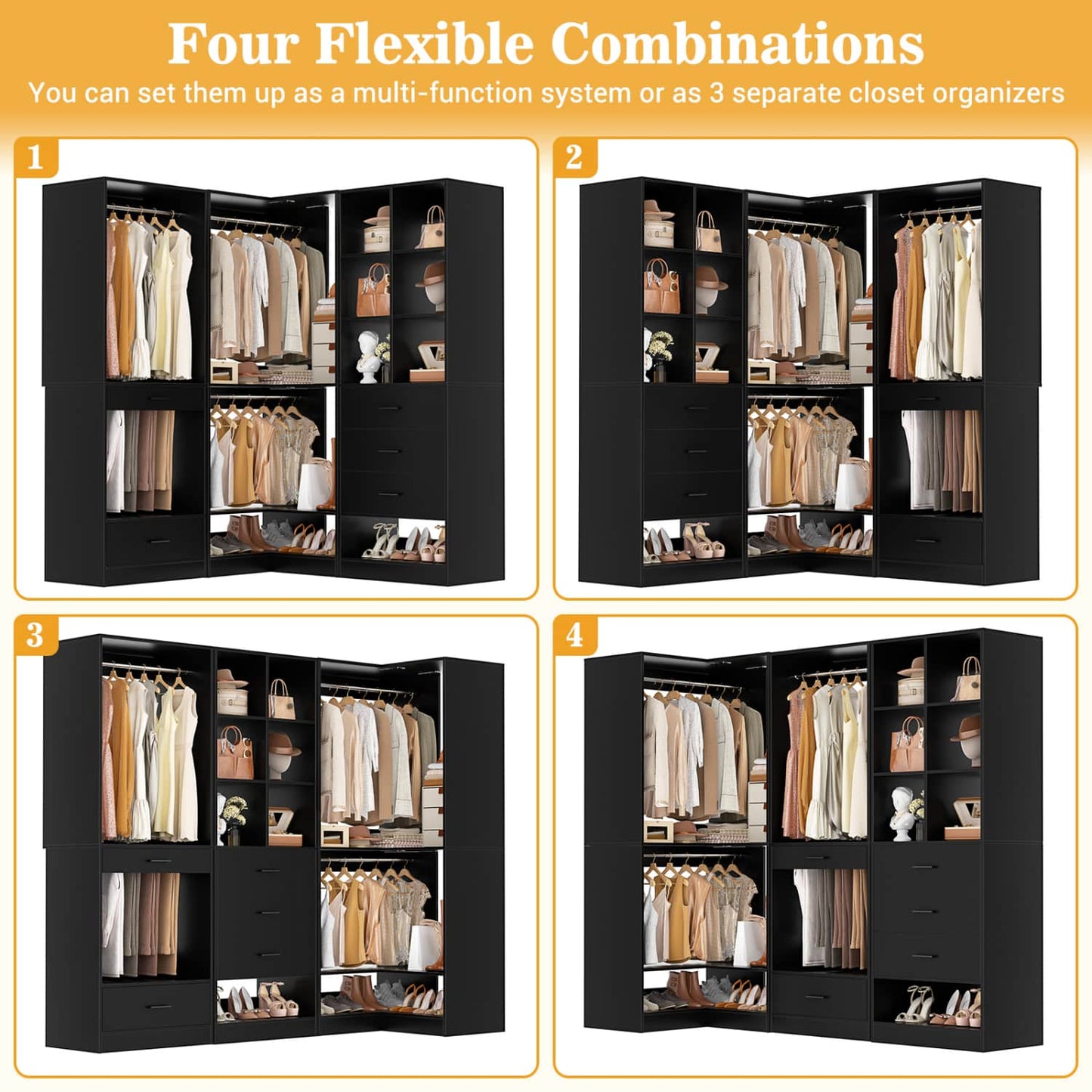 Corner Closet Oraganizer System with Drawers and Hanging Rods, Cube Storage Walk-in Closet System