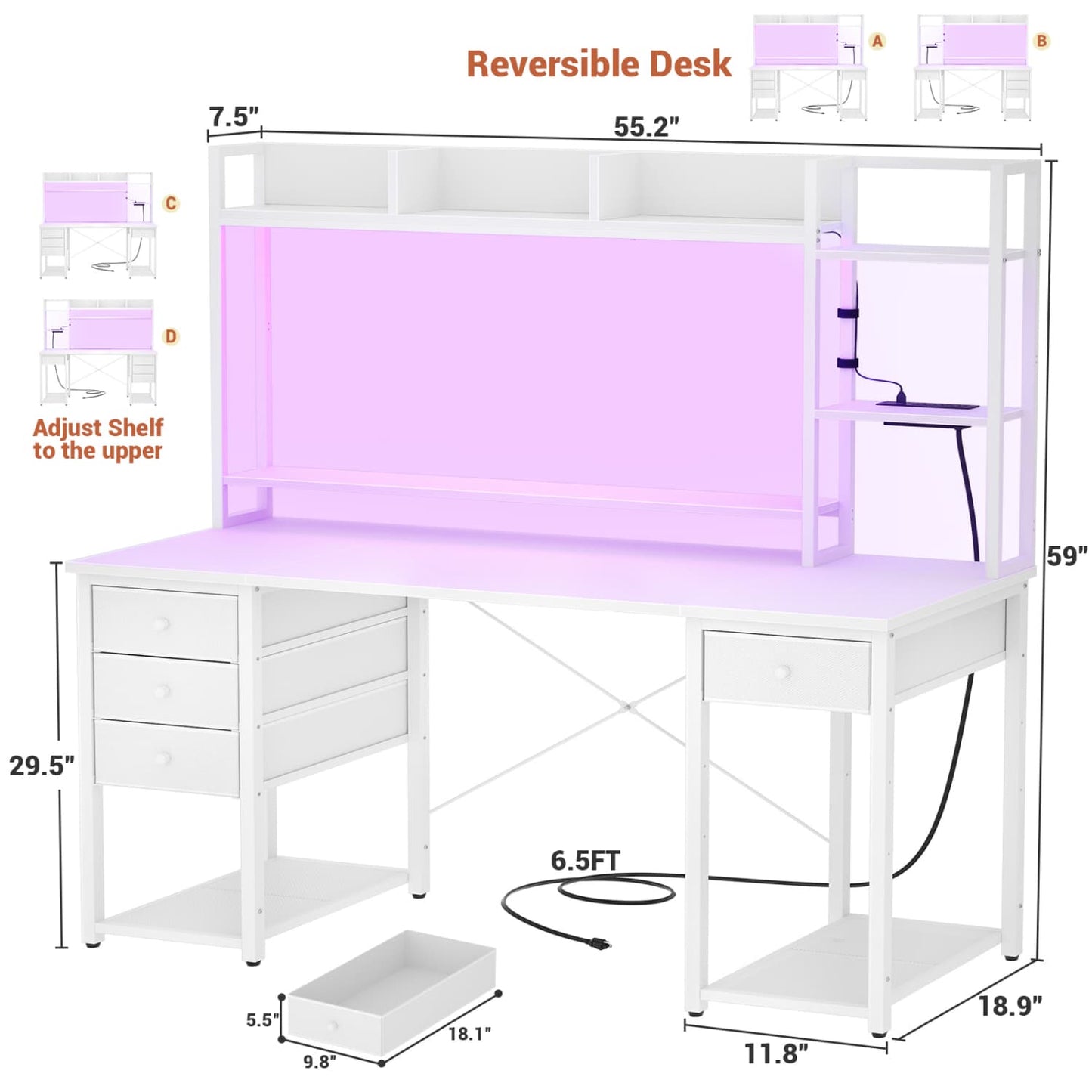 Computer Desk with LED Light, Power Outlet, Farbric Drawers
