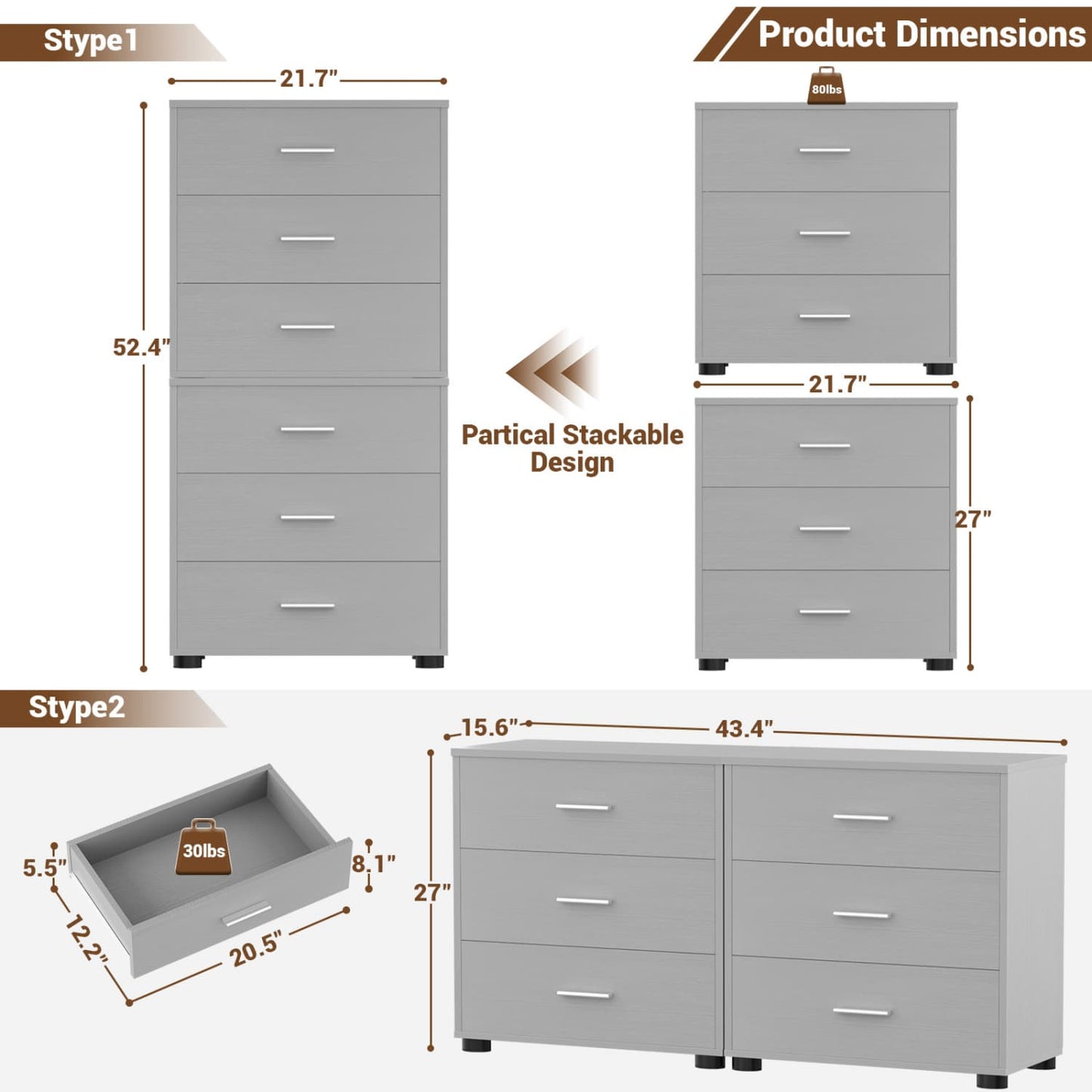Set of 2 Wooden 6-Drawers Dressers with Storage, Closet Storage Cabinet and Nightstand