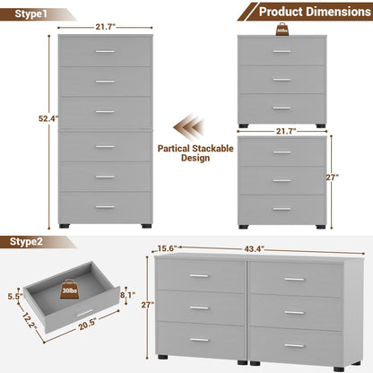 Set of 2 Wooden 6-Drawers Dressers with Storage, Closet Storage Cabinet and Nightstand
