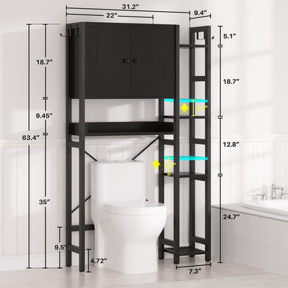 7-Tier Bathroom Organizer with Adjustable Shelf, Over The Toilet Storage Rack with 4 Hooks and Drawers