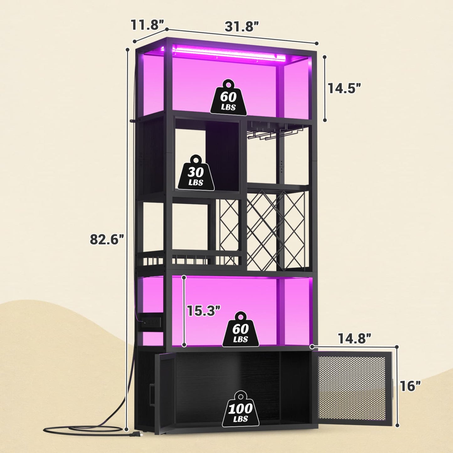 82.6" Tall Wine Bar Cabinet with LED Light and Outlets