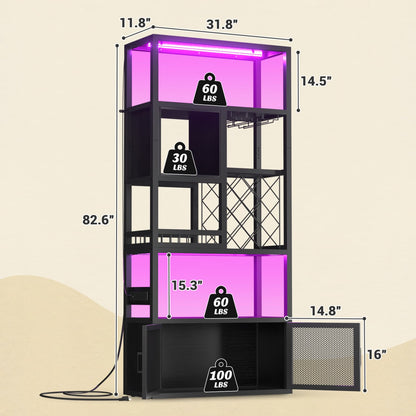 82.6" Tall Wine Bar Cabinet with LED Light and Outlets