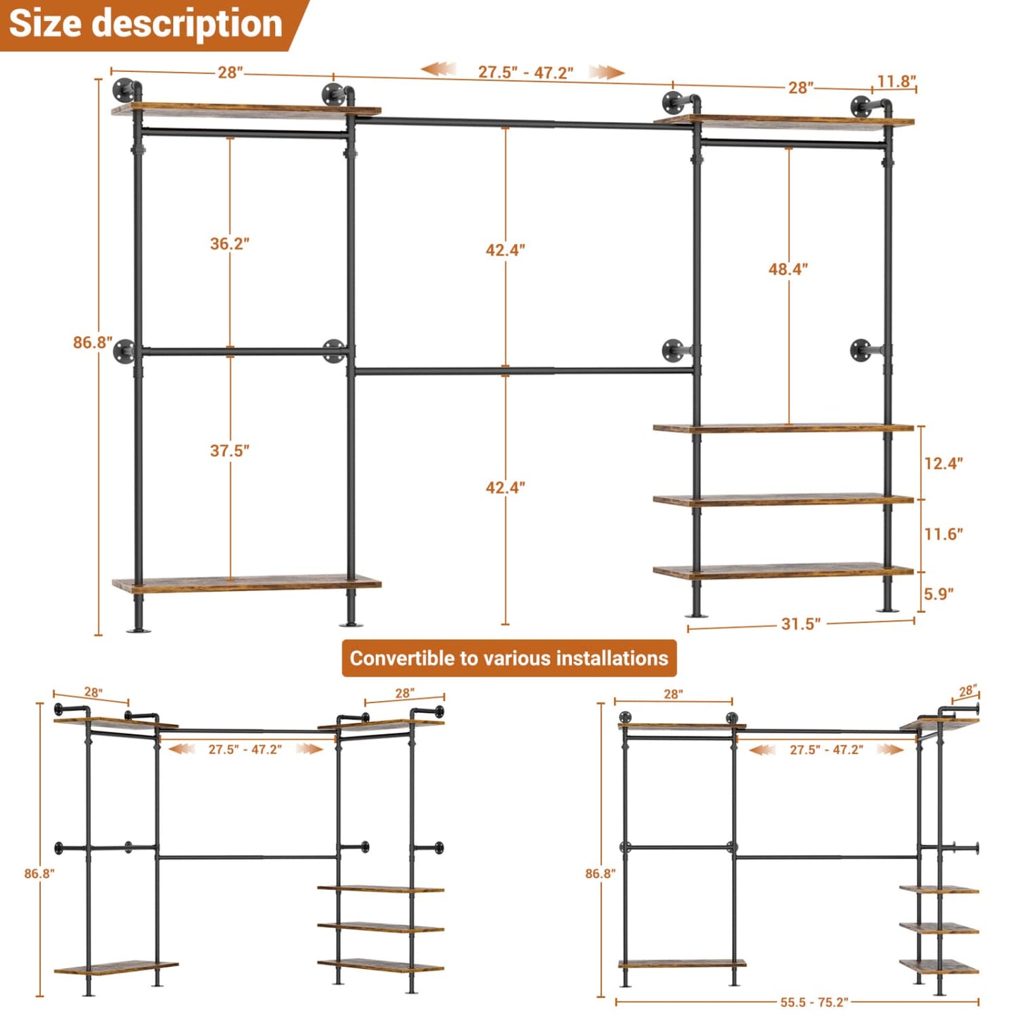 Garment Rack with Wood Shelves, Closet system Storage Rack