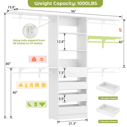 8FT Closet Organizer System with 4 Wooden Drawers & Hanging Rods
