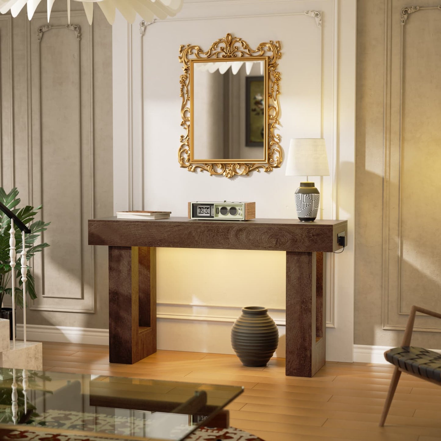 47inch Console Table with Power Outlets, Wood Narrow Entryway Table