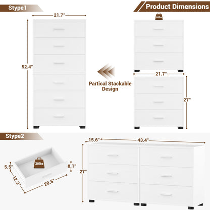 Set of 2 Wooden 6-Drawers Dressers with Storage, Closet Storage Cabinet and Nightstand