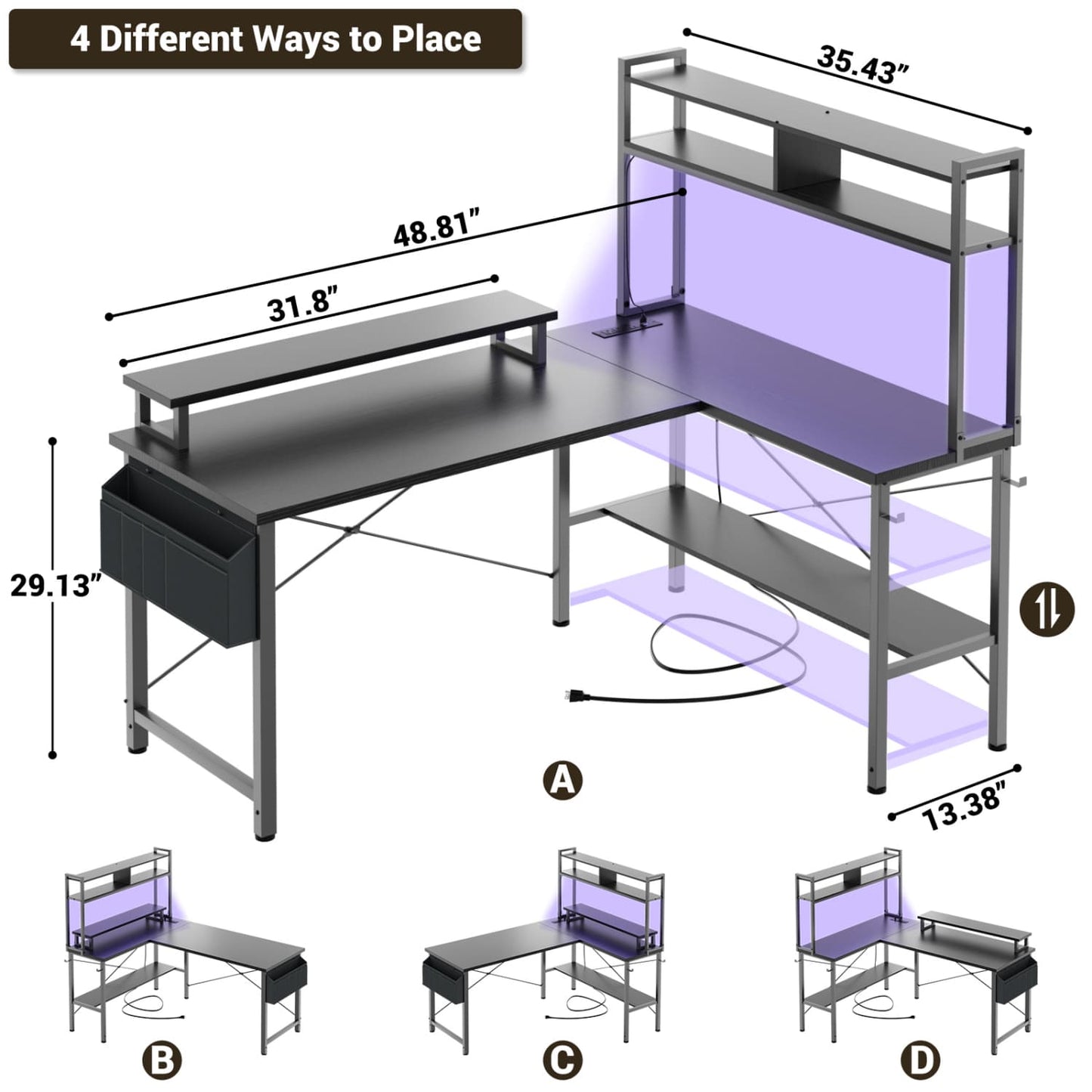 L-Shaped Computer Desk with Monitor and Hutch, Gaming Desk with Charging Station