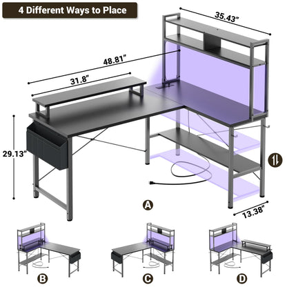 L-Shaped Computer Desk with Monitor and Hutch, Gaming Desk with Charging Station