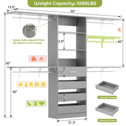 8FT Closet Organizer System with 4 Wooden Drawers & Hanging Rods